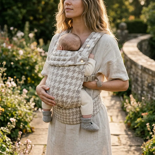 Needella Huggle Babytrage Hahnentritt Sand – dezentes Muster und hoher Komfort