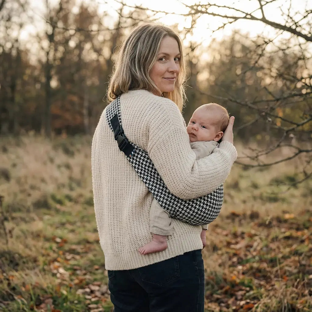 Needella CozyCarry Hüfttrage im Hahnentrittmuster in Schwarz-Weiß, Eltern tragen ihr Baby entspannt im Alltag