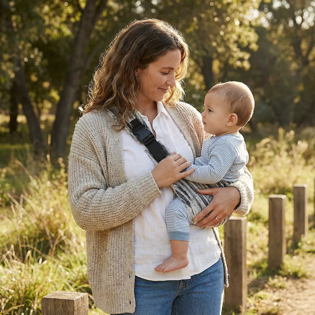 Needella CozyCarry Hüfttrage in Schwarz-Weiß meliert, Eltern tragen ihr Baby entspannt im Alltag
