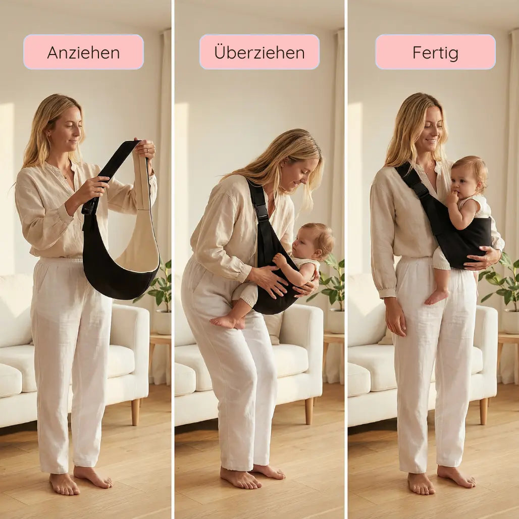 Schrittweise Anwendung der Needella CozyCarry Hüfttrage, Anziehen, Überziehen und Fertig