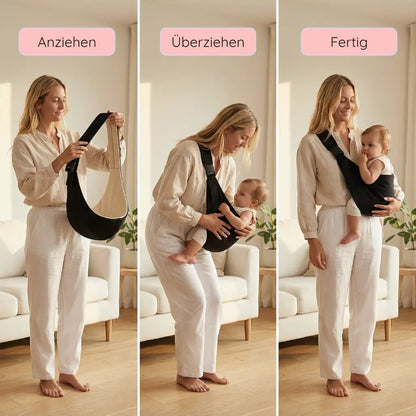 Schrittweise Anwendung der Needella CozyCarry Hüfttrage, Anziehen, Überziehen und Fertig