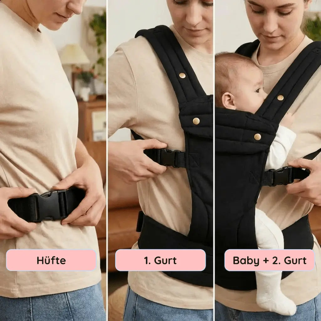 Schrittweise Anwendung der Needella Huggle Babytrage, Hüftgurt schließen, Baby einsetzen und Gurte befestigen