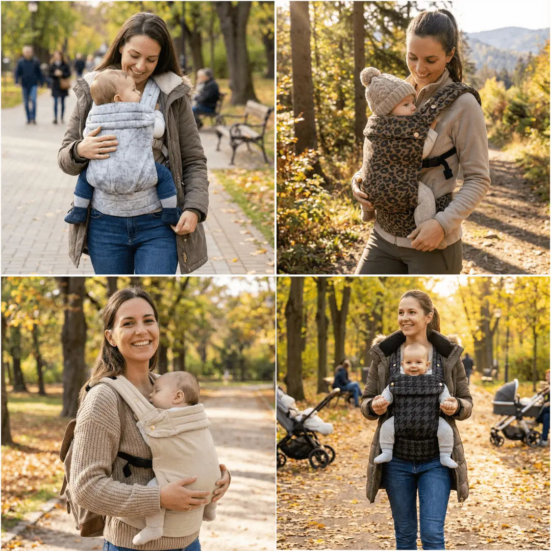Collage der Needella Huggle Babytrage im Alltag – vier Designs beim Tragen im Alltag gezeigt
