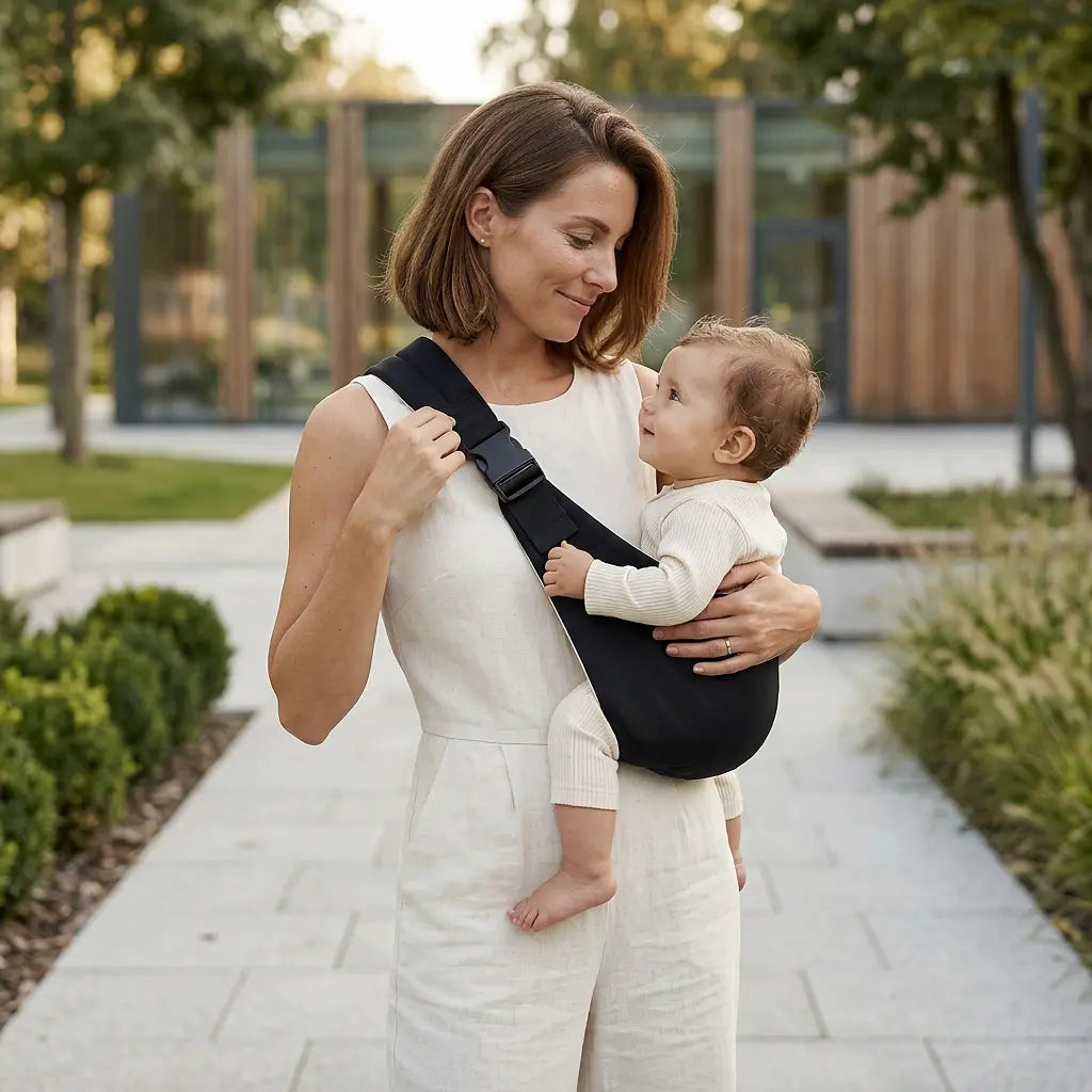 Schwarze Hüfttrage im Detail – ergonomische Babytrage für sicheren Halt und Komfort