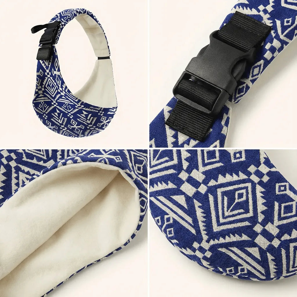 Detailaufnahmen der Needella CozyCarry Hüfttrage im Aztek-Stil in Blau-Weiß aus verschiedenen Perspektiven