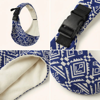 Detailaufnahmen der Needella CozyCarry Hüfttrage im Aztek-Stil in Blau-Weiß aus verschiedenen Perspektiven