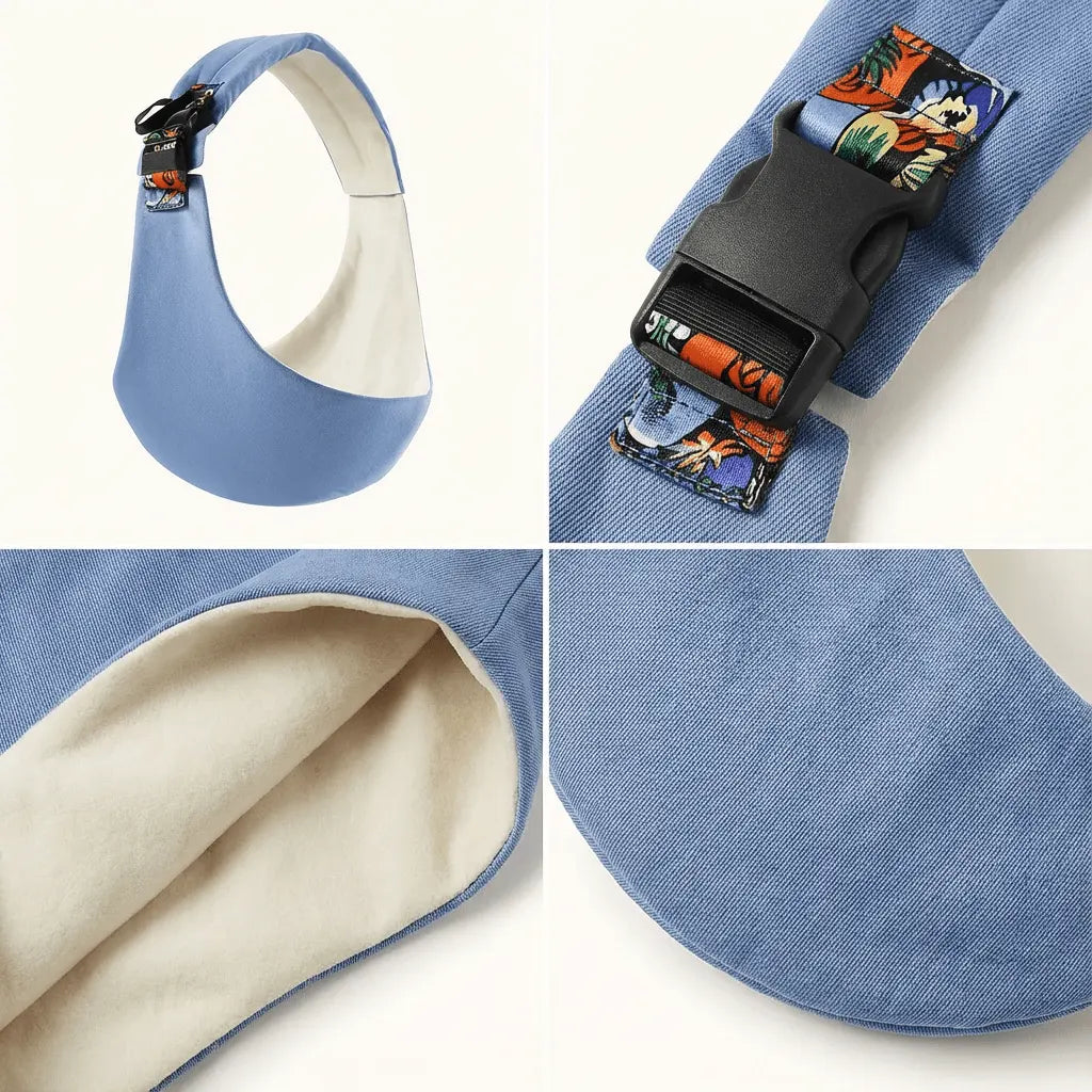 Detailaufnahmen der Needella CozyCarry Hüfttrage in Hellblau aus verschiedenen Perspektiven