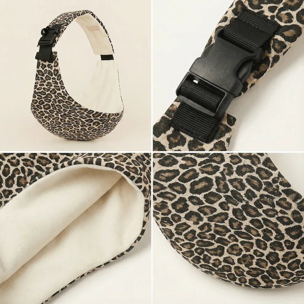 Detailaufnahmen der Needella CozyCarry Hüfttrage in Leopard aus verschiedenen Perspektiven