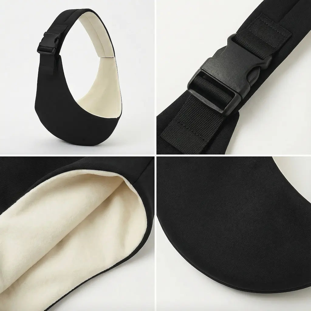 Detailaufnahmen der Needella CozyCarry Hüfttrage in Schwarz aus verschiedenen Perspektiven