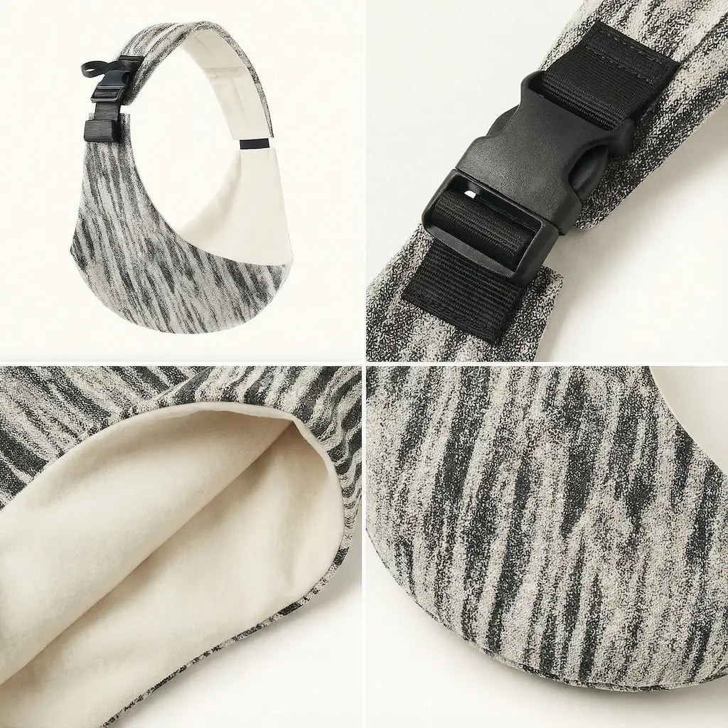 Detailaufnahmen der Needella CozyCarry Hüfttrage meliert in Schwarz-Weiß aus verschiedenen Perspektiven