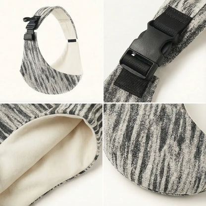 Detailaufnahmen der Needella CozyCarry Hüfttrage meliert in Schwarz-Weiß aus verschiedenen Perspektiven