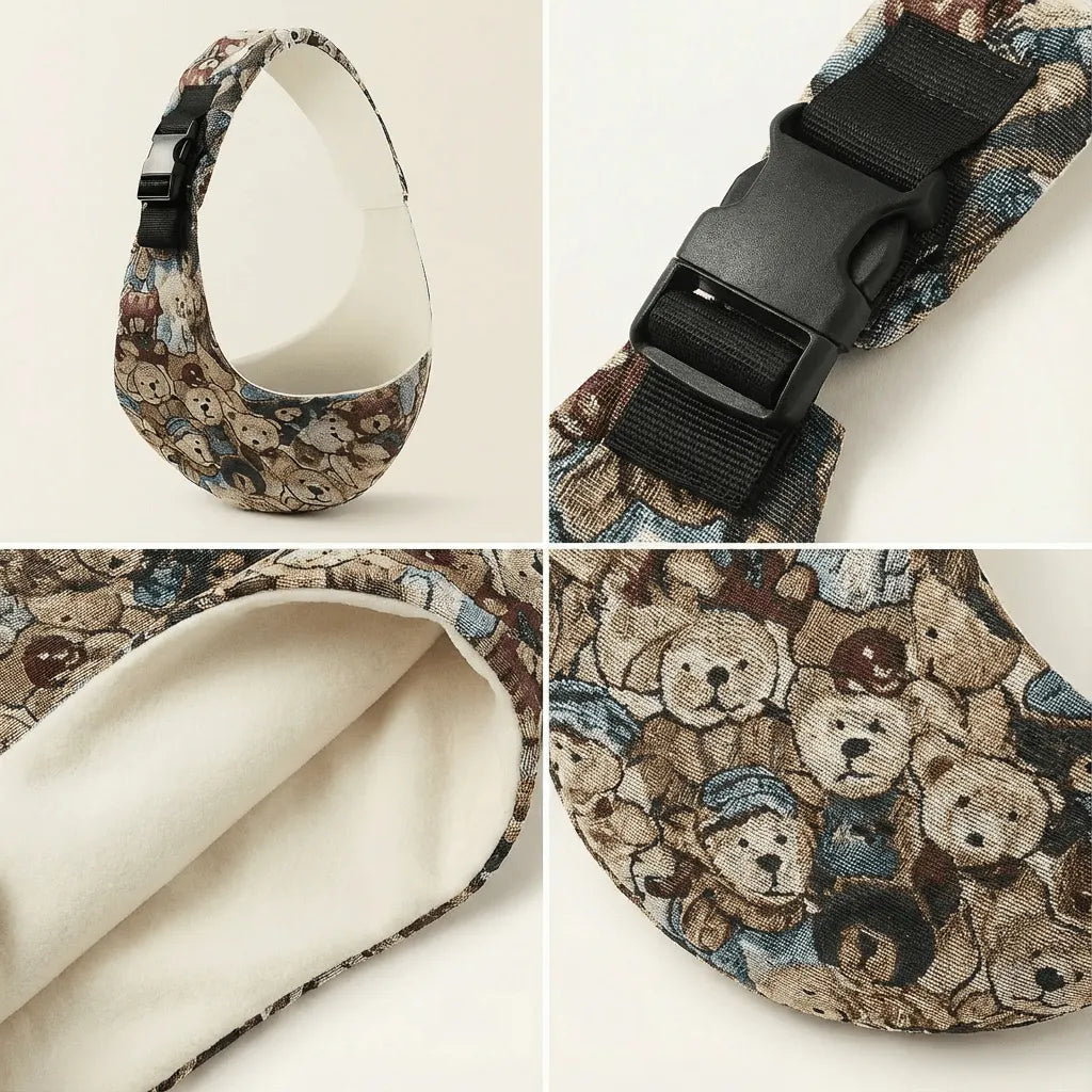 Detailaufnahmen der Needella CozyCarry Hüfttrage im Teddymotiv aus verschiedenen Perspektiven