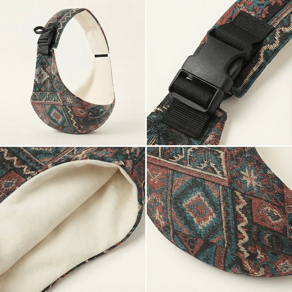 Detailaufnahmen der Needella CozyCarry Hüfttrage in Vintage aus verschiedenen Perspektiven