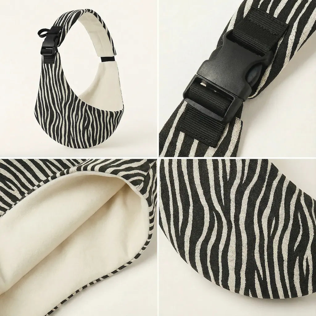Detailaufnahmen der Needella CozyCarry Hüfttrage in Zebra aus verschiedenen Perspektiven