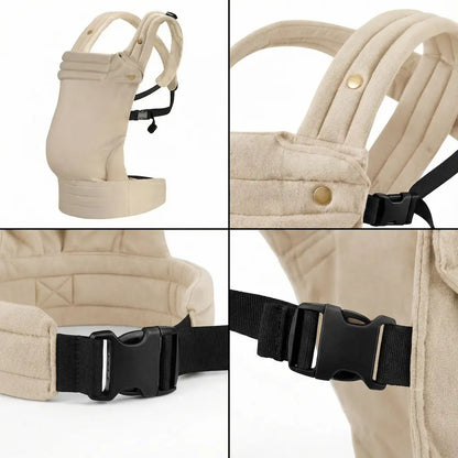 Detailaufnahmen der Needella Embrace Babytrage in Beige aus verschiedenen Perspektiven