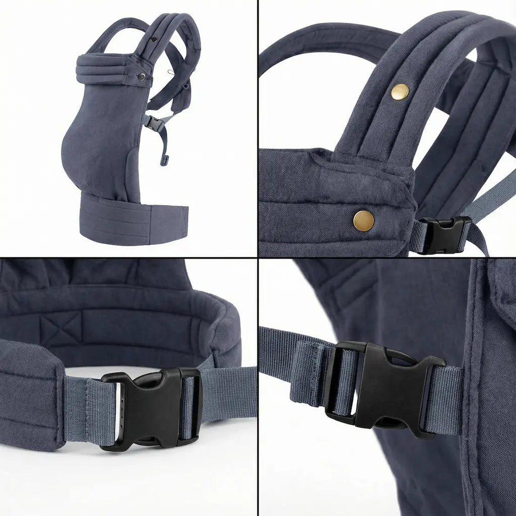 Detailaufnahmen der Needella Embrace Babytrage in Blau aus verschiedenen Perspektiven