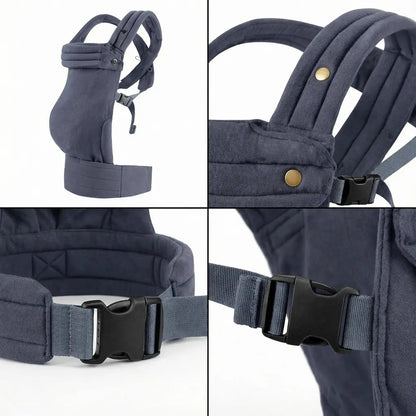 Detailaufnahmen der Needella Embrace Babytrage in Blau aus verschiedenen Perspektiven