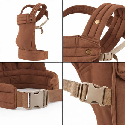 Detailaufnahmen der Needella Embrace Babytrage in Braun aus verschiedenen Perspektiven