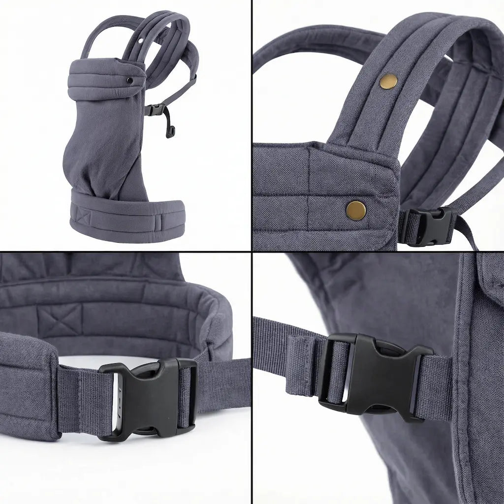 Detailaufnahmen der Needella Embrace Babytrage in Dunkelblau aus verschiedenen Perspektiven