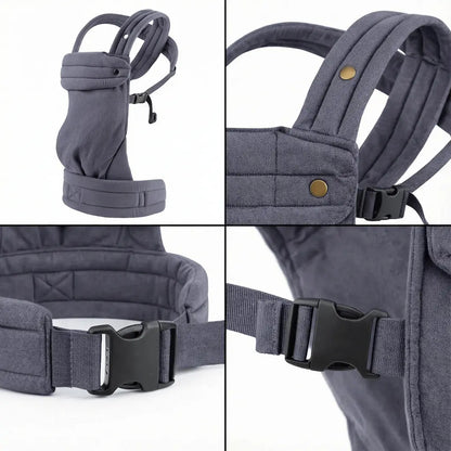 Detailaufnahmen der Needella Embrace Babytrage in Dunkelblau aus verschiedenen Perspektiven