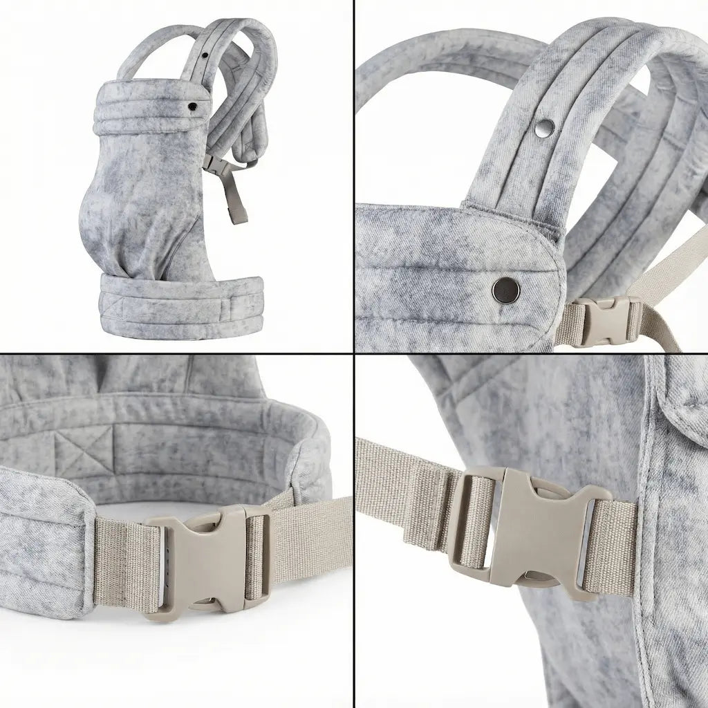 Detailaufnahmen der Needella Embrace Babytrage im melierten Verlauf in Weiß-Schwarz-Grau aus verschiedenen Perspektiven
