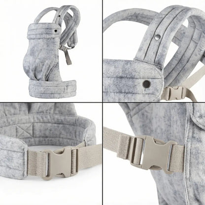 Detailaufnahmen der Needella Embrace Babytrage im melierten Verlauf in Weiß-Schwarz-Grau aus verschiedenen Perspektiven