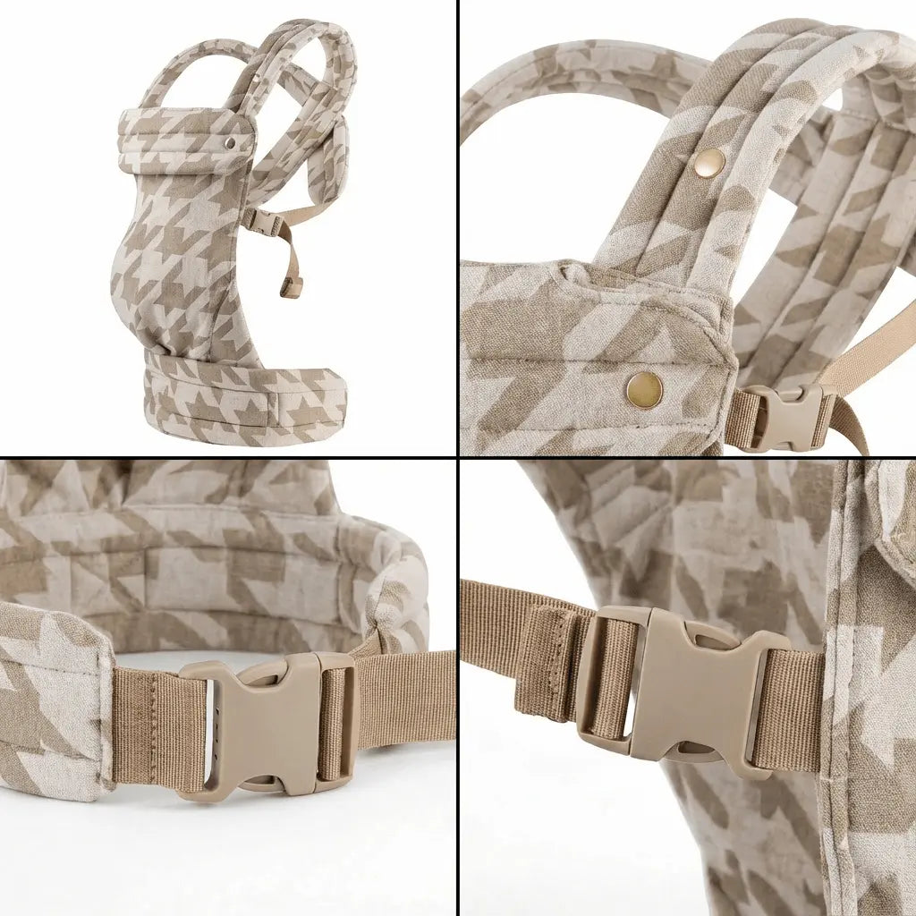 Detailaufnahmen der Needella Embrace Babytrage im Hahnentrittmuster in Beige aus verschiedenen Perspektiven