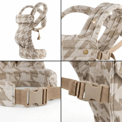 Detailaufnahmen der Needella Embrace Babytrage im Hahnentrittmuster in Beige aus verschiedenen Perspektiven