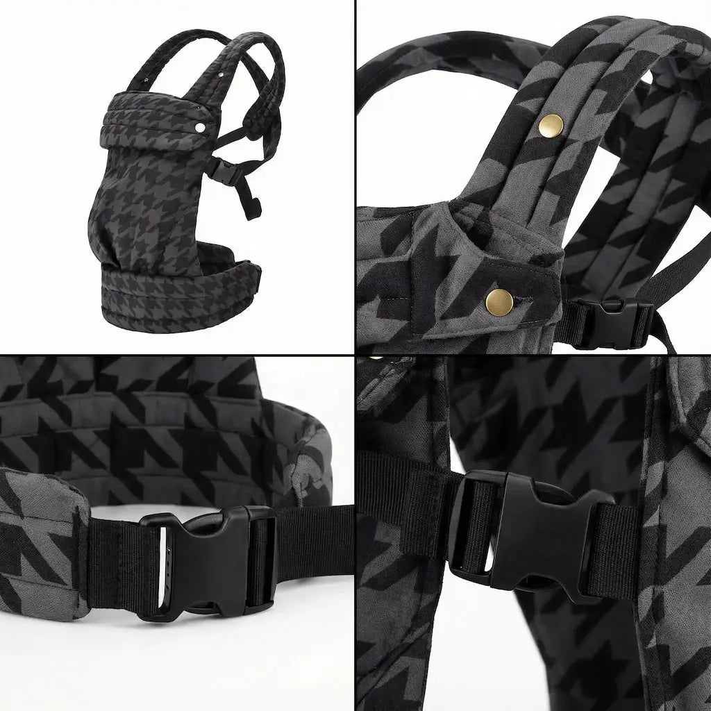 Detailaufnahmen der Needella Embrace Babytrage im Hahnentrittmuster in Dunkelgrau aus verschiedenen Perspektiven