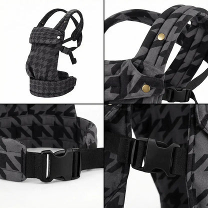 Detailaufnahmen der Needella Embrace Babytrage im Hahnentrittmuster in Dunkelgrau aus verschiedenen Perspektiven