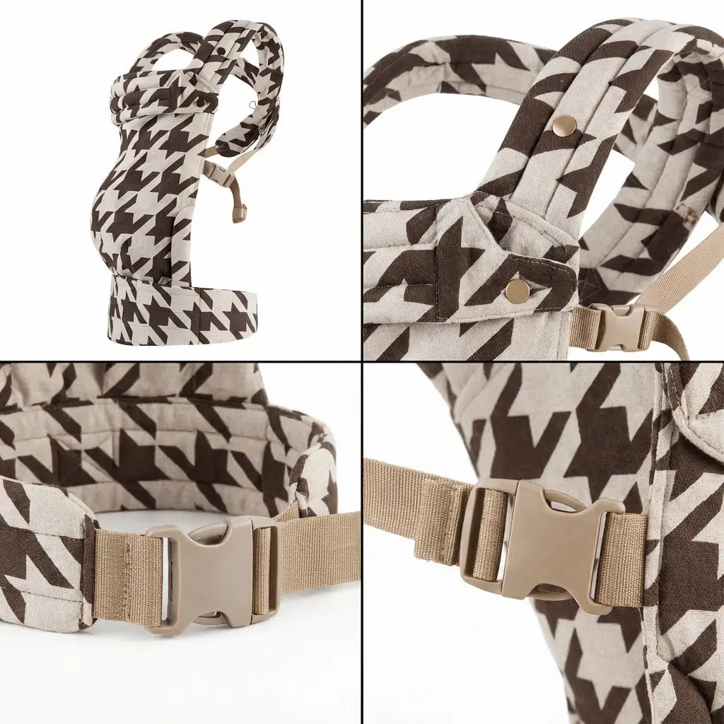 Detailaufnahmen der Needella Embrace Babytrage im Hahnentrittmuster in Kaffee aus verschiedenen Perspektiven
