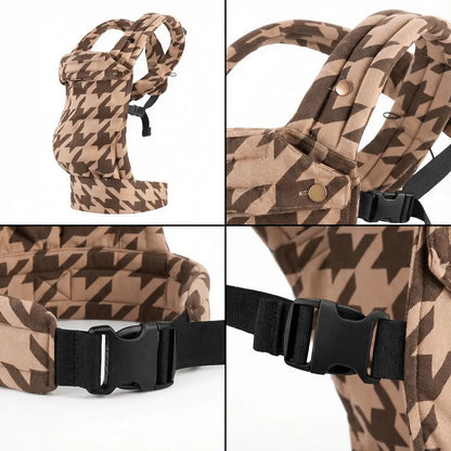 Detailaufnahmen der Needella Embrace Babytrage im Hahnentrittmuster in Karamell aus verschiedenen Perspektiven