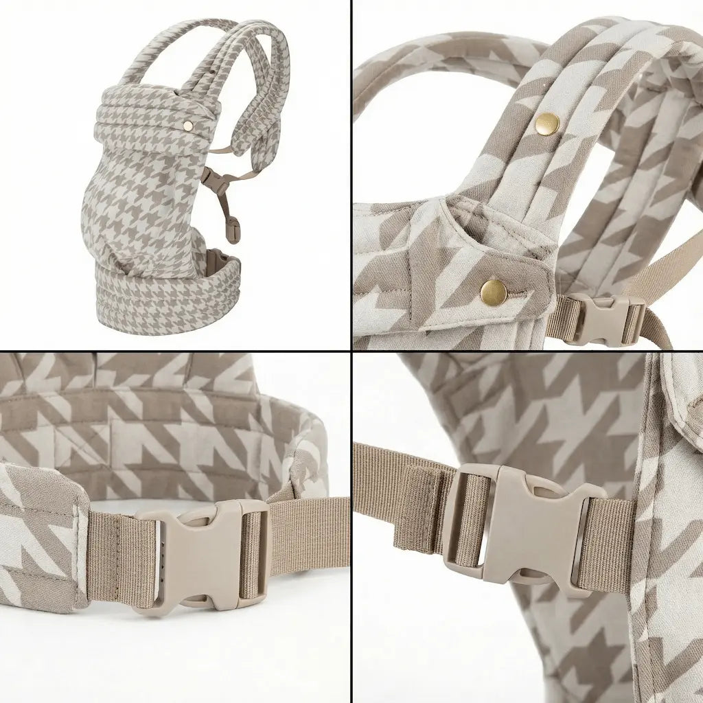 Detailaufnahmen der Needella Embrace Babytrage im Hahnentrittmuster in Sand aus verschiedenen Perspektiven
