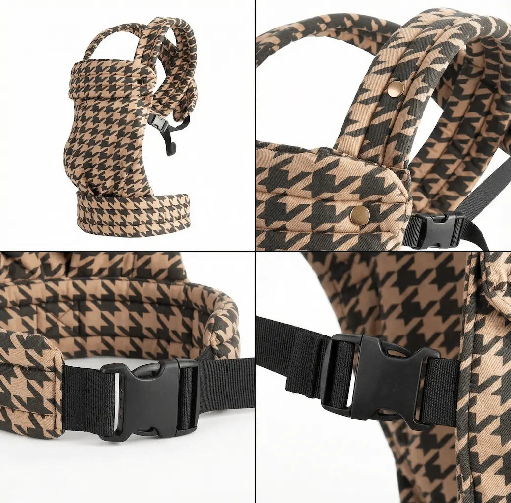 Detailaufnahmen der Needella Embrace Babytrage im Hahnentrittmuster in Braun aus verschiedenen Perspektiven