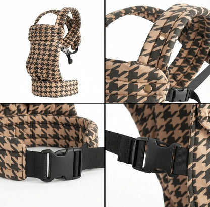 Detailaufnahmen der Needella Embrace Babytrage im Hahnentrittmuster in Braun aus verschiedenen Perspektiven