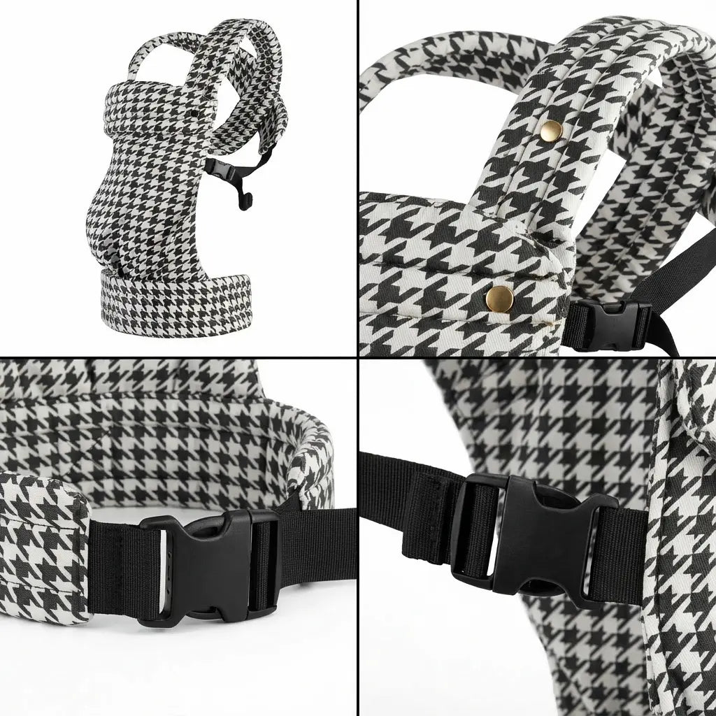 Detailaufnahmen der Needella Embrace Babytrage im Hahnentrittmuster in Schwarz-Weiss aus verschiedenen Perspektiven