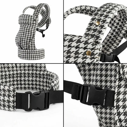 Detailaufnahmen der Needella Embrace Babytrage im Hahnentrittmuster in Schwarz-Weiss aus verschiedenen Perspektiven
