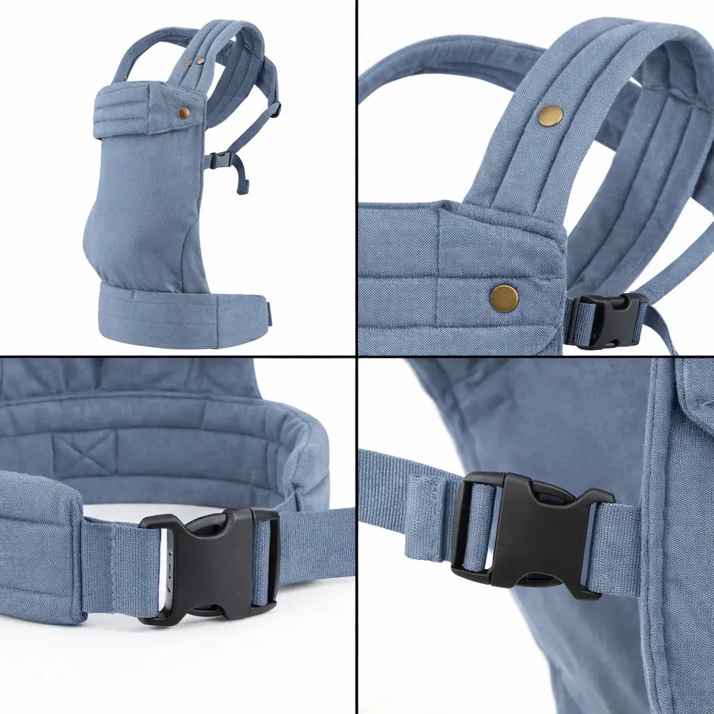 Detailaufnahmen der Needella Embrace Babytrage in Hellblau aus verschiedenen Perspektiven