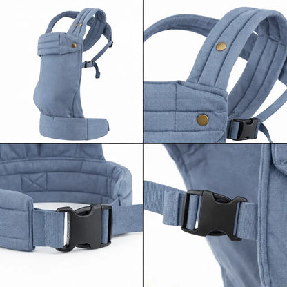 Detailaufnahmen der Needella Embrace Babytrage in Hellblau aus verschiedenen Perspektiven