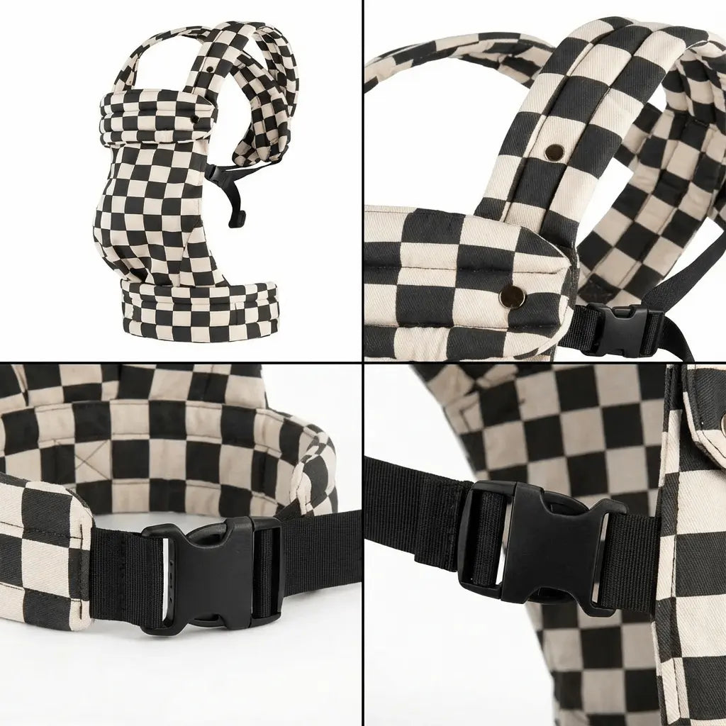 Detailaufnahmen der Needella Embrace Babytrage in kariertem Beige-Schwarz aus verschiedenen Perspektiven