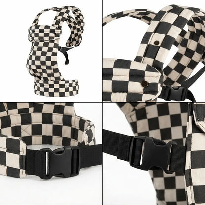 Detailaufnahmen der Needella Embrace Babytrage in kariertem Beige-Schwarz aus verschiedenen Perspektiven