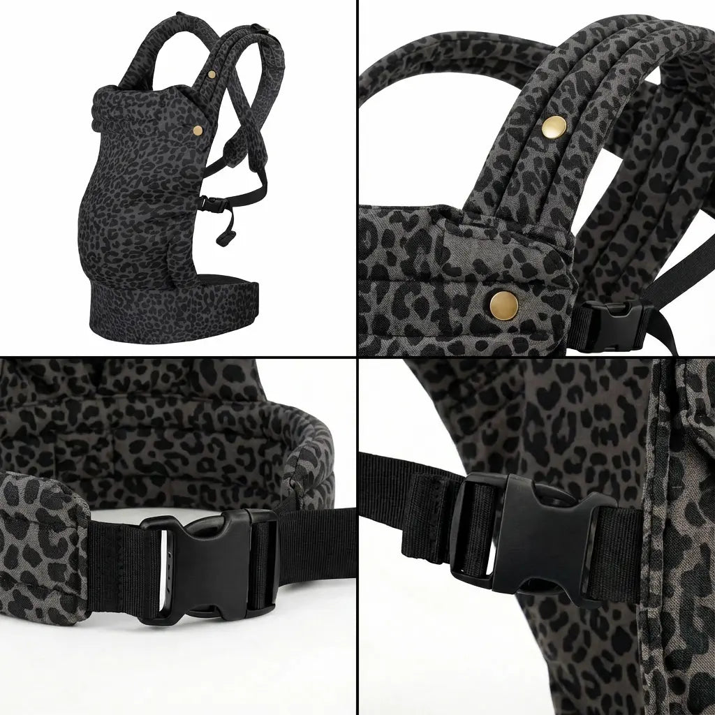 Detailaufnahmen der Needella Embrace Babytrage im Leopardmuster in Grau aus verschiedenen Perspektiven