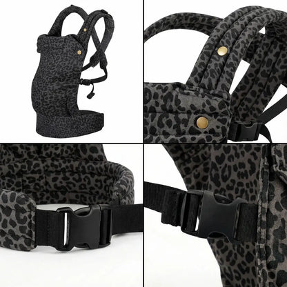 Detailaufnahmen der Needella Embrace Babytrage im Leopardmuster in Grau aus verschiedenen Perspektiven