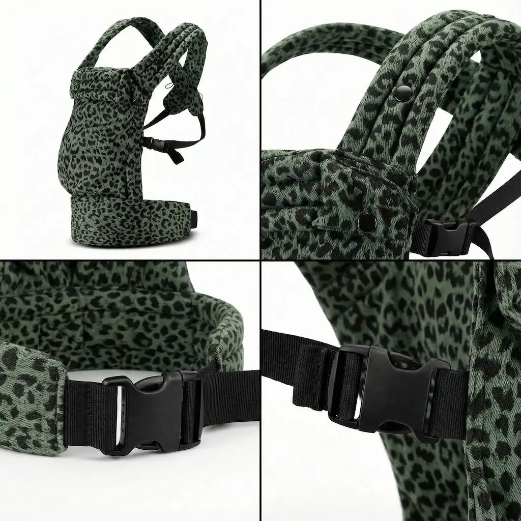 Detailaufnahmen der Needella Embrace Babytrage im Leopardmuster in Grün aus verschiedenen Perspektiven