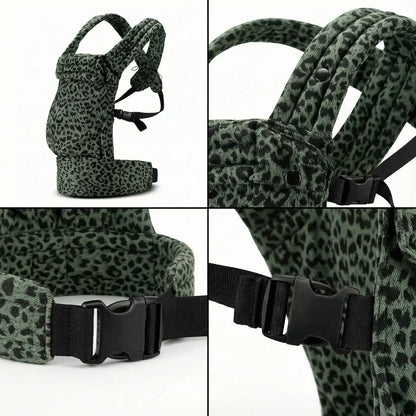 Detailaufnahmen der Needella Embrace Babytrage im Leopardmuster in Grün aus verschiedenen Perspektiven