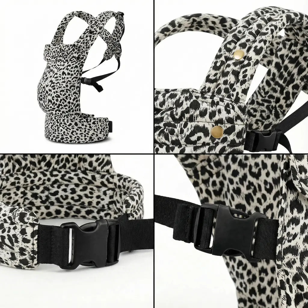 Detailaufnahmen der Needella Embrace Babytrage im Leopardmuster in Weiß aus verschiedenen Perspektiven