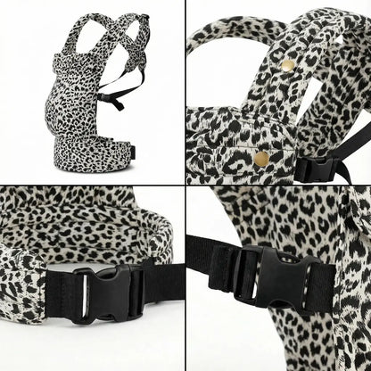 Detailaufnahmen der Needella Embrace Babytrage im Leopardmuster in Weiß aus verschiedenen Perspektiven