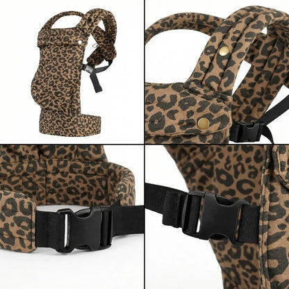 Detailaufnahmen der Needella Embrace Babytrage im Leopardmuster in Braun-Schwarz aus verschiedenen Perspektiven