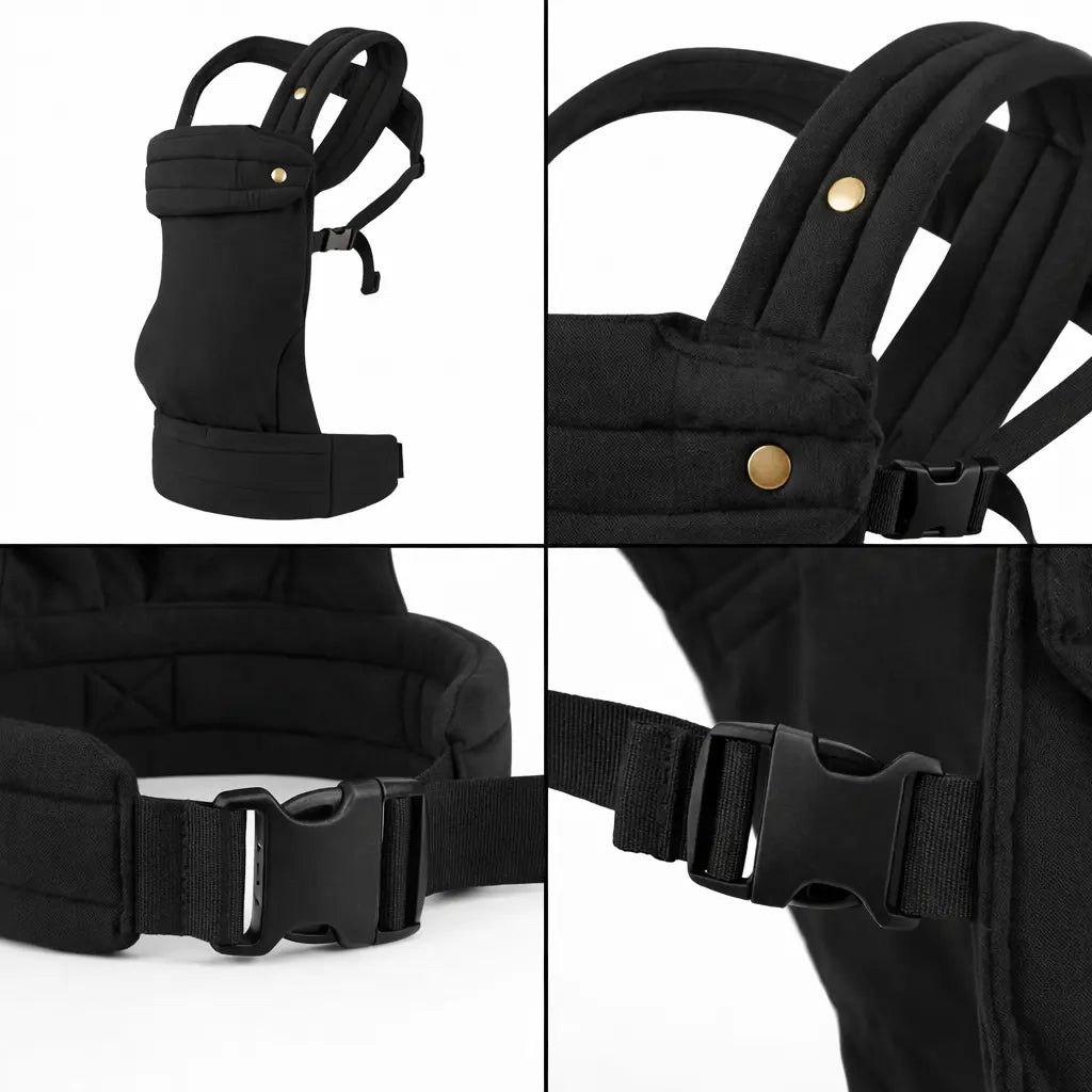 Detailaufnahmen der Needella Embrace Babytrage in Schwarz aus verschiedenen Perspektiven