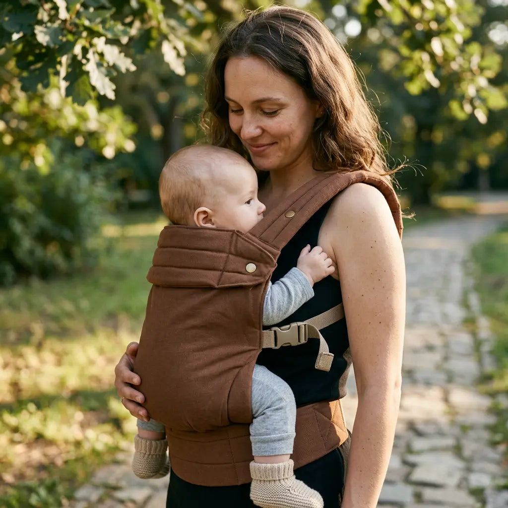 Needella Babytrage Huggle Braun – ergonomische Babytrage für komfortables Tragen im Alltag